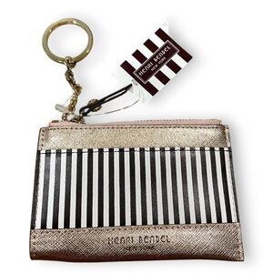 Henri Bendel Centennial Stripe Leather Rose Gold Card Holder Keychain